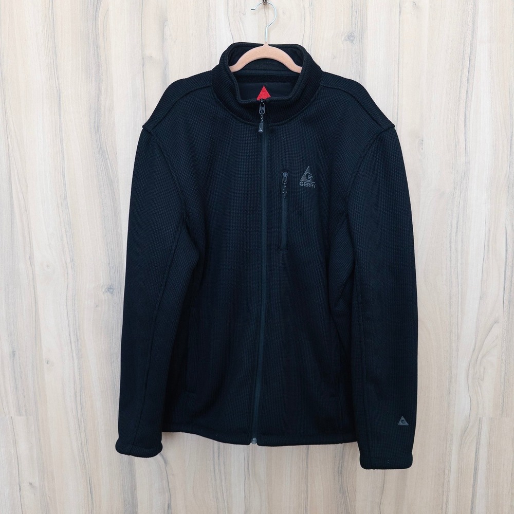 Gerry Mens Jacket XL Black Waffle Knit Fleece Lined Full Zip Outdoor Ski Hiking